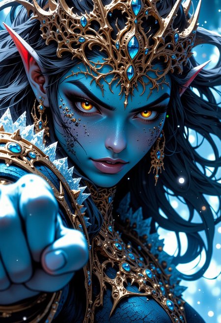 A powerful, otherworldly female figure with icy blue skin, intricate golden crown, and long flowing black hair, captured in a dramatic close-up. The character is tilted at a dynamic 45-degree angle, their face filling most of the frame. Their piercing, glowing eyes radiate cold intensity, framed by frosted lashes and icy accents. One hand is raised to the foreground, bokeh, which spiral around the edges of the shot. Jagged ice crystals reflect ambient blue light in the background, creating depth and texture. The focus is sharply on their facial details, highlighting their stern yet regal expression and shimmering frost textures on their skin, while the rest of the frame softly blurs into ethereal, wintry hues.