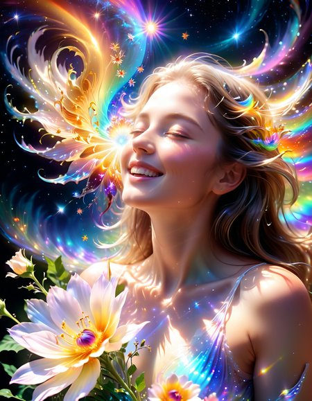 Flustered, Lustful, Light, Sun Rays, ("In the language of flowers, emotions blossom, expressing love, longing, and the depths of the human heart.":1.2) , Squealing, Happy, Swirling, Peaceful, Cosy, Moonlight, made out of ral-hlgrphic and Jed-Cosmos <lora:Jed-Cosmos-sdxl:0.4> <lora:ral-hlgrphic-sdxl:0.55>, dynamic, elaborate, lush, flowing, excellent composition