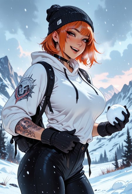 highres, very detailed, amazing quality, masterpiece,
very aesthetic,
glitter, particle effect,
1girl, solo, tan skin, toned arms, Covered in Tattoos, tattoo, arm tattoos, neck tattoos, chest tattoos, hoodie, pants, beanie, large breasts, choker, knit gloves, visible shoulders, sleeves rolled up, forearms visible, 
seducing, seductive, flirty, tender, loving, playful, looking at viewer, laughing, smiling, playing in the snow, snowball, throwing snowball, slutty,
Hiking on a mountain, snowing, Cloudy Sky,
View from the front, front view,