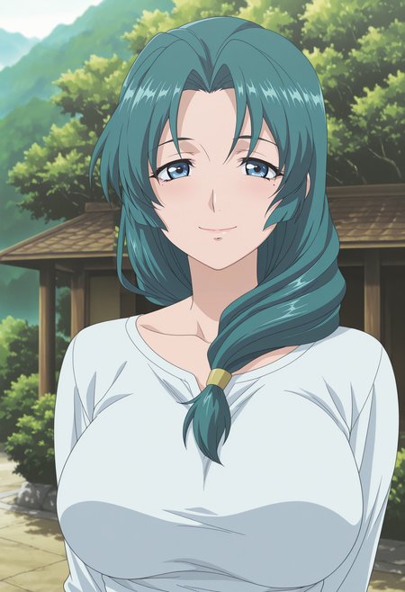 1girl,solo,mm,mature female,long hair,green hair,blue eyes,hair over shoulder,mole under eye,large breasts,anime coloring,
shirt,upper body, looking at viewer, smile,outdoors
,masterpiece,best quality,amazing quality,<lora:Saori_Takada-Ryoujoku_Hitozuma_Onsen_il:0.8>