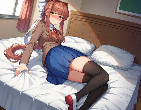 score_9, score_8_up, score_7_up, source_anime,
ddlcmonika, <lora:ddlc-monika-ponyxl-lora-nochekaiser:1>
ddlcmonika, blunt bangs, brown hair, green eyes, long hair, ponytail, ribbon, white ribbon, hair ribbon, sidelocks,
black thighhighs, blue skirt, brown jacket, jacket, long sleeves, mary janes, over-kneehighs, pleated skirt, school uniform, shoes, skirt, thighhighs, zettai ryouiki
indoors, bed, bed room, on side, blush, drunk,
looking at viewer, dutch angle, cowboy shot,