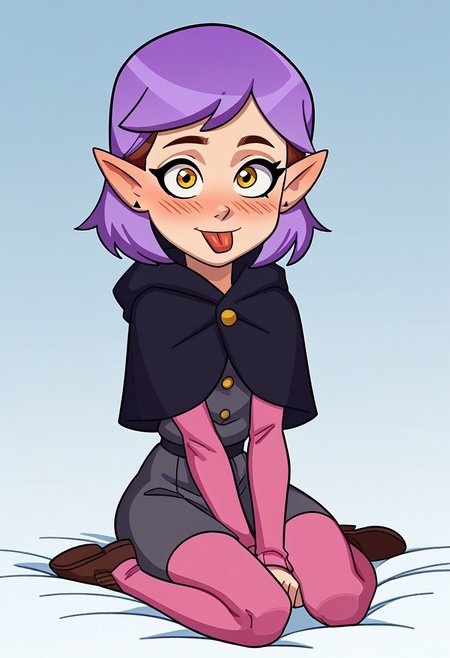 1girl, blushing, cute girl, uncensored, 18yo, petite girl,
score_9, score_8, score_7, high quality, high detail, highest quality, masterpiece, source_cartoon,
 <lora:cumontongue:1> wariza, w sitting, 
 <lora:Amity_BlightV3:1> pointy ears, amity blight, yellow eyes, 1girl, multicolored hair, school uniform, black capelet, pink sleeves, grey shirt, grey skirt, pink leggings, purple hair
