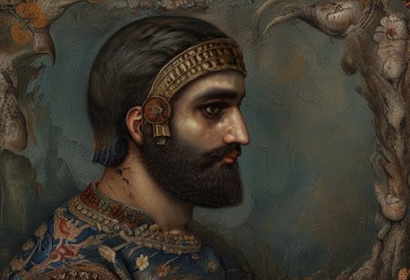 Cyrus the great is speaking in Babylonia:
a low person was put in charge of his country, 
but he set a counterfeit over them. 
He made a counterfeit of Esagil and for Ur and the rest of the cult-cities
Rites inappropriate to them, impure food- offerings disrespectful were daily gabbled, 
and, 
intolerably, he brought the daily offerings to a halt; 
he interfered with the rites and instituted within the sanctuaries. 
style of Qajar art, FastNegativeV2, green eyes, blue eyes, brown eyes, perfecteyes