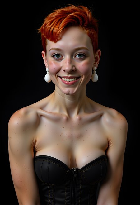 Professional studio quality beauty shot at a (simple black background) with magic lighting.  (frontal view). Breathtaking portrait of beautiful owkx woman lovely presenting her sweet wearing a precious vintage corset.  ginger buzz cut hairstyle. lipstick, eye shadow, freckles, big kinky white plastic earrings., <lora:flux_model_mandy_fictional_owkx woman_2300:0.85>, , , , ,