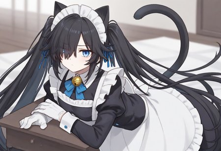 (Maid-kasli), solo, white gloves, dress, hair over one eye, maid apron, blue eyes, twintails, cat ears, maid headdress, maid, gloves, 1girl, apron, juliet sleeves, long sleeves, long hair, black hair, animal ears, bell,(Fall down),
