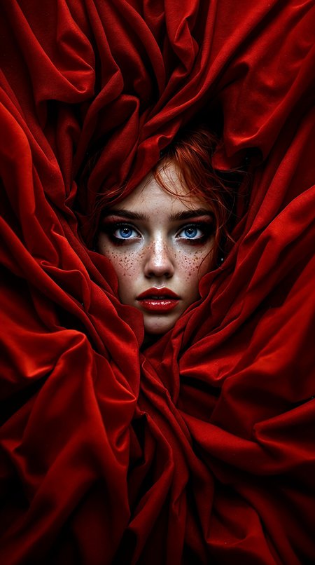 masterpiece, best quality, photorealistic, all spase filled with red and orange fabric, detailed fabric, in center we see girls face with makeup, blue eyes, freckles, redheair, emotionless, detailed face, hairstyle, no body visible