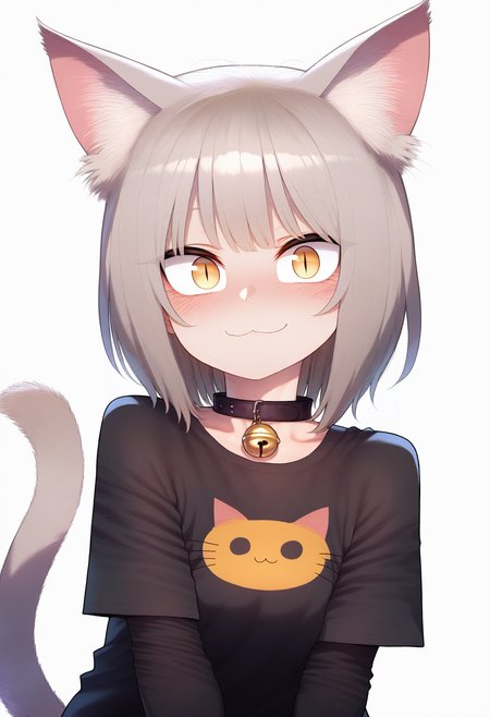masterpiece, best quality, good quality,
1girl, solo, looking at viewer, blush, smile, short hair, simple background, shirt, long sleeves, white background, animal ears, closed mouth, tail, upper body, yellow eyes, grey hair, short sleeves, choker, cat ears, collar, animal ear fluff, black shirt, cat tail, black choker, bell, :3, cat girl, slit pupils, animal print, t-shirt, jingle bell, neck bell, cat print
<lora:merratatustle_illustrious_v1_vpred:1>