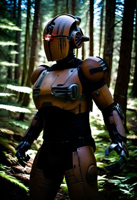 easynegative, extremely detailed, dark, chiaroscuro, low-key, AssaultronCosplay, zavy-strps, a brown assaultron robot, ((the assaultron has black stripes painted on its armor)), ((tiger stripe pattern)), in the forests of Oregon
