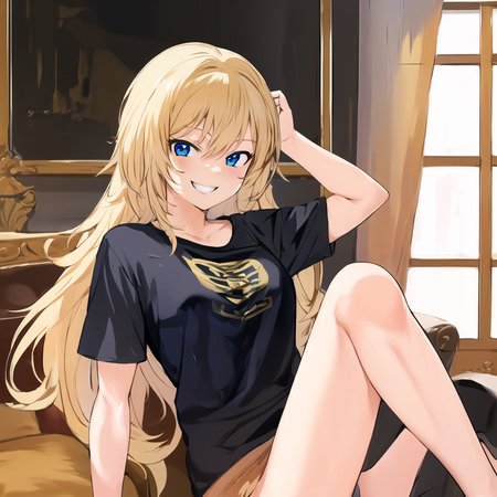 ((masterpiece)), (best quality), (absurdres), <lora:KonbuWakameStyle:0.7>, 1girl, blonde hair, long hair, blue eyes, shirt, jeans, grin