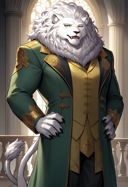score_9, score_8_up, score_7_up, anthro only, furry only, 1boy, solo,  <lora:BoggartPony-000002>, boggart_(fate), boggart, lion boy, white fur, mane, yellow eyes, lion tail, 1boy, furry male, furry, lion ears, solo, inside, mansion, master bedroom, licking own penis, looking at viewer,