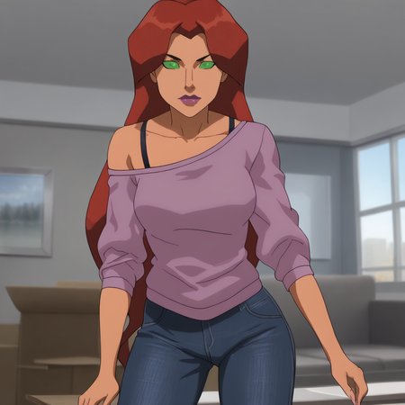 <lora:starfiredcmau_pony_v1:.9>  starfireclothes, 1girl, green eyes, bra strap, red hair, long hair, lipstick, makeup, colored sclera, off shoulder, purple lips, breasts, sweater, jeans