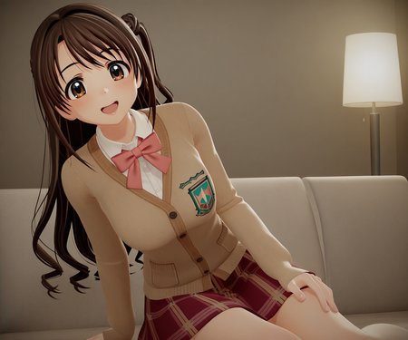 masterpiece, best quality, amazing quality, , 1girl, solo, looking at viewer, shimamura uzuki, cardigan, shirt, skirt, smile, open mouth,  <lora:New Kizuna AI ILL-v2:1> newkizunaai, 3d,