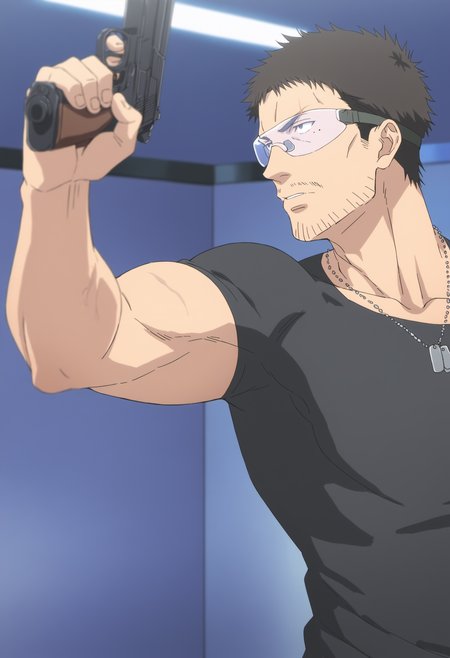 1boy, wolfgangcaptain_80000, black hair, veiny arms, tight black shirt, black eyes, dog tag, stubble, safety glasses, mole under eyes, scar_over_eyebrow, score_8_up, score_7_up, score_6_up, score_9_up, muscle, stocky body, big muscular,  big arms, mddle-age man, , a man at in shooting training room,  centered, looking away, face_focus, detailed eyes, 8k uhd, high quality, anime color,standing,  side view, close up, ((outstretched arm)), holding gun