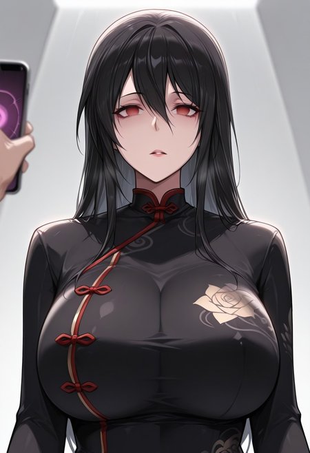 Jin, long hair,black hair, big breasts, red eyes, 
over-knee black stockings, detailed eyes, pupils, Cheongsam, hair between eyes, cow shotting, jun, hldngsmrtphn, holding smartphone, smartphone screen, screen, empty eyes, mind control, 1girl, pov, pov hand, upper body, looking at viewer, looking at smartphone, heart, heart on screen
best quality,masterpiece,amazing quality,very aesthetic,high resolution,ultra-detailed,volumetric lighting ,highly detailed,best quality,8k,best quality, very aesthetic, ultra-detailed, newest,BREAK, depth of field, masterpiece, amazing quality, high resolution, absurdres, newest, grey background,