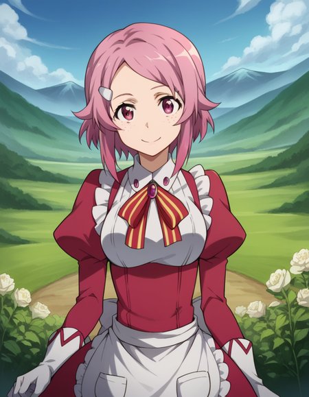 score_9, score_8_up, score_7_up, source_anime,
rikashinozaki, <lora:rika-shinozaki-s1-ponyxl-lora-nochekaiser:1>,
rika shinozaki, short hair, hair ornament, pink hair, hairclip, pink eyes, freckles, parted bangs,
long sleeves, ribbon, neck ribbon, puffy sleeves, juliet sleeves, collar, gemstone, gloves, dress, red dress, frills, apron,
outdoors, landscape, smile,
looking at viewer, cowboy shot, solo, dutch angle,