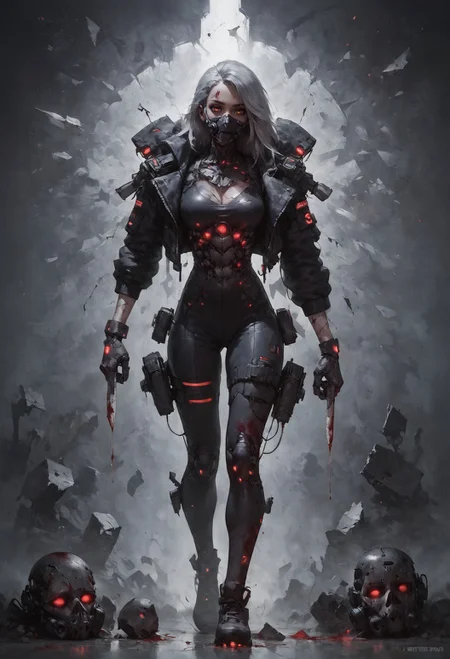 score_9, score_8_up, score_7_up,  1girl, full body, techno suit, technology, uncommon appearance, (crashed spaceship, broken spaceship on the background), gray hair, half face covered, (robotic half face, half face cyborg, cyborg), injuries, blood, (face mask, broken mask, crushed mask, broken glass), holding bloody knife, (final boss:1.2)  <lora:pony/twilight_style:0.8> concept art, realistic <lora:pony/expressiveh:0.4> expressiveh <lora:sdxl/princess_xl_v2:0.8> <lora:pony/vixon_gothic_neon_style:0.32> g0thicPXL, glowing, neon