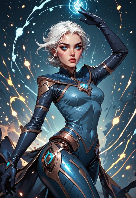 ((zPDXL3)), ((masterpiece,best quality, highly detailed)), ((score_9)), score_8_up, score_7_up, score_6_up, score_5_up, score_4_up, Digital painting style, brushstrokes, ((EnhanceImage)), solo, 1girl, CarmilleLoLPXL, blue eyes, white hair, short hair, wide hips, large breasts, blue gem, blue bodysuit, elbow gloves, black gloves, robot joints, wide hips, 
Expressiveh, 30yo, adult lustful confident woman, petite, slender body, perky saggy natural breasts, full lips, bangs, sidelocks, straps,
chinese magical sorceress, animated, swirling magic, wisps of magic, ((dancing pose)), tight squeezed outfit, magical accessories, evoking motion, conveying motion, dynamic splash art, 
<lora:PainterlyFantasiaPDXL:0.6>,