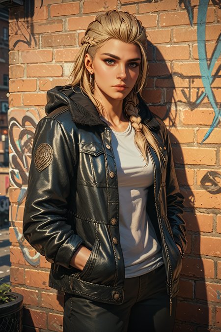 score_9, score_8_up, score_7_up, score_6_up
<lora:ACFEivor:1.0>
ACFEivor, 1girl, blonde hair, braid, long hair, looking at viewer, watching viewer, leaning against a brick wall, hands in jacket pockets, urban alleyway with graffiti art, moody lighting with shadows, edgy and modern vibe