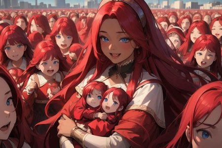 (masterpiece, best quality:1.5), (ultra realistic:1.5), (8k uhd, very high quality:1.5), (extremely detailed face:1.5), (everyone has ruby red hair:1.5), (dark skin mother holding an endless number of infants and surrounded by an endless number of her extremely young children:1.5), (everyone smiling and happy:1.5), (everyone has bright blue eyes:1.5), (everyone has long ruby red hair:1.5), (the woman is surrounded by endless numbers of her extremely young children that fill the entire background:1.5), (the woman is surrounded by an endless number of her very young children that fill the entire background:1.5), (city background:1.5)