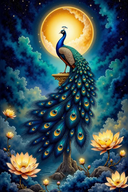 <lora:Watercolor_sketch_v.1:0.9> Watercolorsketch style. In an enchanted twilight sanctuary, a resplendent peacock rises with a halo of glowing feathers, each plume an exquisite masterpiece of deep sapphire, iridescent turquoise, and golden embroidery. The intricate eye-patterns on its tail radiate with a soft bioluminescent glow, shifting in color like molten gemstones. Wisps of golden mist curl around the elegant bird, as if the very fabric of magic is drawn to its celestial beauty. Tiny arcs of luminescent energy flicker between its feathers, resembling sparks of ancient power. The peacock stands atop an ornate golden perch, surrounded by softly illuminated lotus blossoms and flowing, translucent veils of ethereal light. The background fades into a velvety, star-speckled abyss, where luminous golden swirls drift like astral wind. The scene is an exquisite fusion of myth, elegance, and celestial grandeur, as though the peacock is a being of divine prophecy, guarding the threshold between worlds.