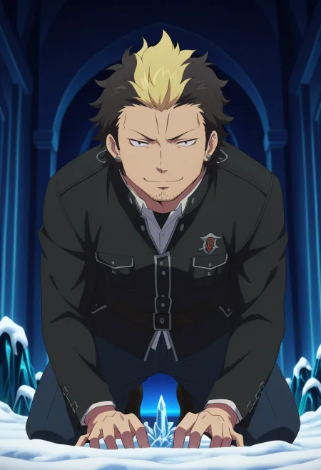 masterpiece, best quality, intricate details, anime screencap, anime coloring, official style, looking at viewer, , 1boy, solo, male focus, <lora:ryuuji_suguro_ilxl:0.92>, ryuuji_suguro, black hair, black eyes, short hair, streaked hair, multicolored hair, two-tone hair, blonde hair, facial hair, stubble, , symmetry, snowy town, snow, ice, stalagmite, indoors, dark, kneeling, half-closed eyes, smile, ,