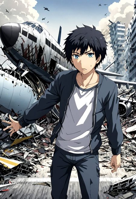high resolution, solo, best quality, 1Boy, Arata Kaizaki, Black Hair, Blue Eyes, dystopia, Plane Crash, OverallDetail