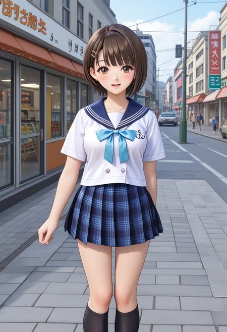 Shirai Hinako, 1girl, solo, looking at viewer, blush, short hair, bangs, skirt, pedestrian city, brown hair, shirt,  shop background, ribbon, brown eyes, closed mouth, school uniform, standing, white shirt, short sleeves, pleated skirt, serafuku, sailor collar, blue skirt, plaid, kneehighs, plaid skirt, blue sailor collar, black socks, loafers, <lora:Shirai_Hinako_Blue_Reflection_Pony:0.7> anime color, seductive smile, (kishida mel), open mouth, medium breast, <lora:HandFixer_pdxl_Incrs_v1:1> (slender body), medium skirt, (tall girl), thin face,
