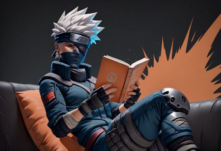 BLSplash,,masterpiece, best quality, newest, absurdres, highres, kakashi hatake, abstract background,3d,sitting on couch, reading book,orange book, dark grey eye