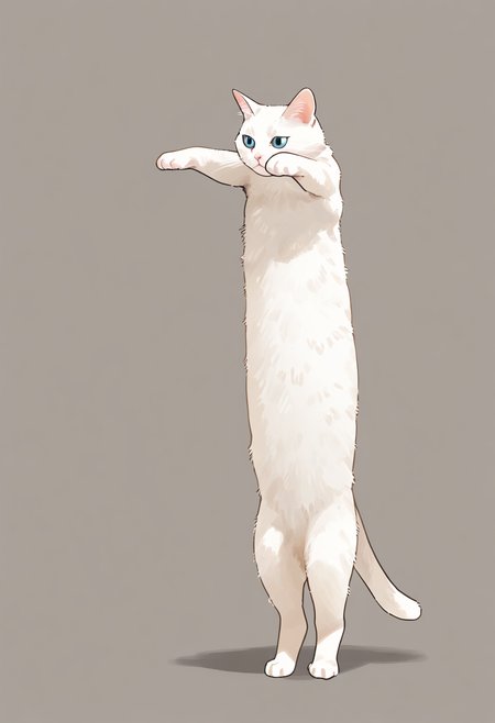 longcat (meme), animal focus, cat, simple background, no humans, animal, white fur, solo, grey background, standing, meme, full body, white cat, 
masterpiece, best quality, amazing quality, very aesthetic, absurdres, 
 <lora:concept_longcat_Illustrious_V2L:0.4>