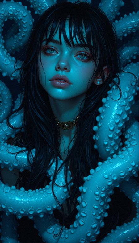 aidmaHyperrealism, aidmarealisticskin, Hollywood Cinematic Film style, epic photography, dramatic light, Kodak film style, close-up, 
A hyper-realistic depiction of a mysterious woman entangled with bio-mechanical tentacles, glowing with a deep-sea luminescence. Her piercing ice-blue eyes contrast sharply with her dark surroundings, giving her an intense, hypnotic gaze. Her long, damp hair clings to her shoulders, subtly reflecting the eerie blue lighting. The intricate textures of the tentacles wrap around her arms and shoulders, their smooth, organic surfaces adorned with bioluminescent patterns. The scene is dark and atmospheric, resembling an underwater nightmare, every skin pore, hair strand, and glistening tentacle detail meticulously crafted.
 <lora:MoriiMee_Gothic_Niji_Style_FLUX:0.75>