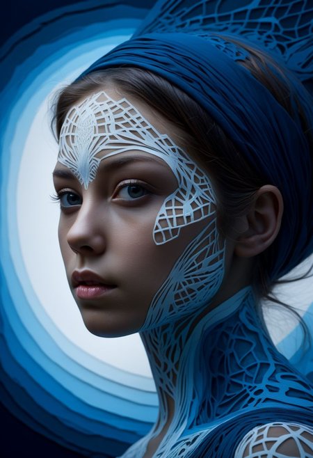 mysterious face, an exotic girl in artsy clothing, fading backlit background, (deep sea fading white to deep blue layered papercut background), alluring goddess, by Minjae Lee, Carne Griffiths, Emily Kell, Steve McCurry, Geoffroy Thoorens, Aaron Horkey, Jordan Grimmer, Greg Rutkowski, amazing depth, double exposure, surreal, geometric patterns, intricately detailed, bokeh,  perfect balanced, deep fine borders, artistic photorealism , smooth,  great masterwork by Suiras  <lora:add-detail-xl:2>  <lora:Double_Exposure:0.5>