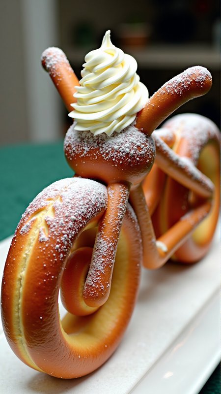A photo of a SemlaStyle Bicycle made entirely out of semla which made out of wheat material with whipped cream and with powdered sugar on top. Food craft.<lora:SemlaStyleFlux:1>