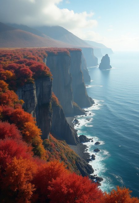 High coast, cliffs in near horizon. Red and yellow leaves. Different biomes. Highly detailed, realistic textures, clouds and atmosphere.