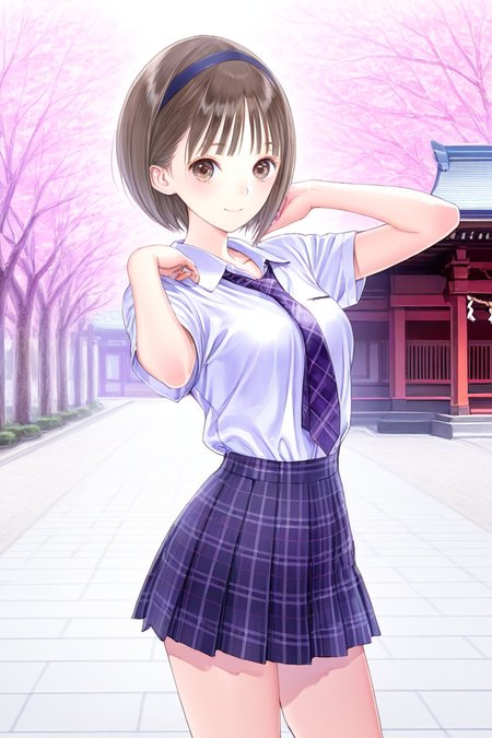 <lora:Hoshizaki_Ao_Blue_Reflection_Illus:1>1girl, solo, looking at viewer, short hair, skirt, japanese temple, sakura petal, sakura tree, center of attention, brown hair, brown eyes, school uniform, standing, cowboy shot, pleated skirt, hairband, purple tartan necktie, plaid, plaid skirt, bob cut, Hoshizaki Ao, white shirt, short sleeves, school uniform outfit, sexy pose, sexy smile, hairband, headband, kishida mel,
