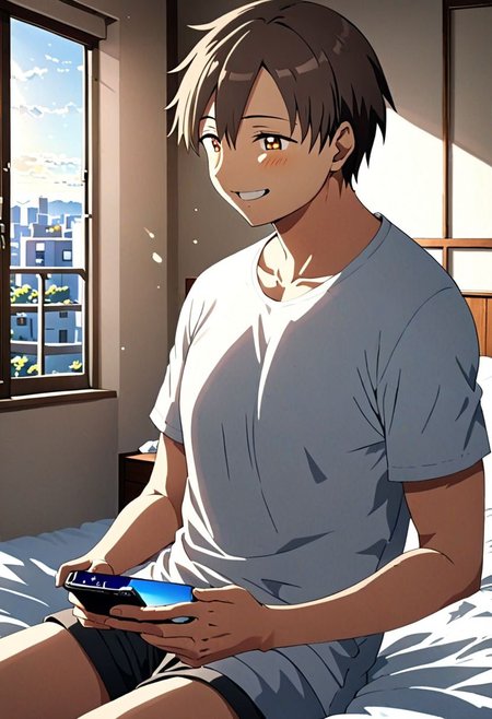high resolution, solo, best quality, 1Boy, Takaki Toono, Brownish Hair, Brown Eyes, holding smartphone, t-shirt, on the bed, sunny day, window, smile, open eyes, side view, sit, nap, indoor, bed room, OverallDetail