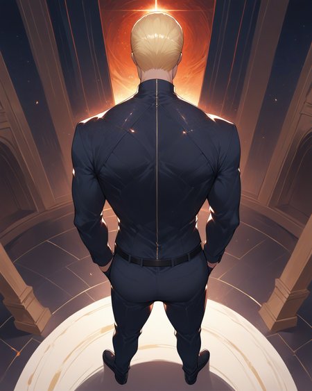 score_9, score_8_up, score_7_up, score_6_up, source_anime, rating_explicit, ah1, best quality, (masterpiece:1.4), (high quality:1.4), sharp focus, 4k, absurd resolution, <lora:albertwesker-guy-PONYv1:0.8> albertwesker, albert wesker, 1boy, solo, blonde, black gloves, sunglasses, belt, pants, black coat, black pants, looking at viewer, toned, athletic, fit, slicked back hair, black turtleneck, zipper, mature male, (graphene textured clothes), black boots, (Jacket Over the Shoulder), (Moonlit Masquerade Ball in a Grand Hall), bad-hands-5, ((longing gaze, slightly parted lips, dreamy eyes expression)), <lora:xl_more_art-full_v1:0.4>, <lora:shinyskin2:0.3> glistening skin, <lora:aesthetic_anime_v1s:0.4>, <lora:Expressive_H:0.4> Expressiveh, <lora:hairdetailpxl:0.4> hairdetailpxl, <lora:EpicF4nta5yXL:0.4>, <lora:detailxl:0.4> detailxl, <lora:Fant5yP0ny:0.4> (High Angle (from behind) view medium Close shot), (Long Johns), (focused, intense glare), slit pupils, short hair, (reddish orange eyes),