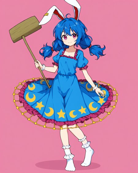 seiran \(touhou\),1girl, solo, kine, blue_dress, pink_background, smile, earclip, simple_background, star_print, white_socks, star_\(symbol\), looking_at_viewer, bloomers, full_body, stain, holding, collarbone, crescent, crescent_print, standing, low_twintails, bobby_socks, puffy_short_sleeves, short_dress, red_ribbon, frills, closed_mouth
<lora:seiran_(touhou)_image1670_2023-12-20-000010:1>,star-shaped_pupils,symbol-shaped_pupils,. gorgeous,key visual, vibrant, studio anime,award-winning, professional, highly detailed,high budget, cinemascope