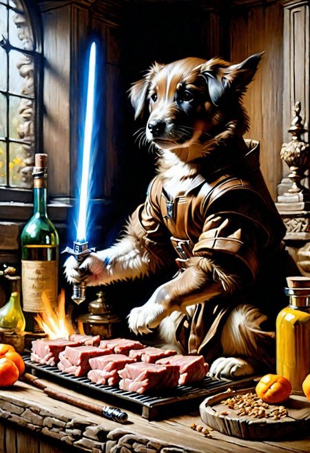 puppy wolverine Obi-Wan, grilling beef on light saber, 
Oil Painting, 
(Renaissance Paintings, Renaissance style, beautiful, painterly, detailed, textural, artistic),  (((intricate details, highly detailed, ultra-detailed, absurdres))), (unreal engine, octane rendering, Anti-Aliasing, sharp focus, natural lighting, high saturation, high contrast, vivid, vibrant, studio lighting, best texture quality), beautiful detailed scenery,
Style-Renaissance