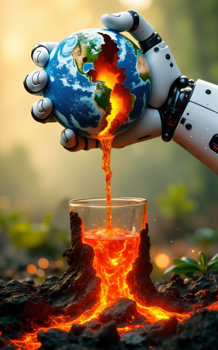 thumb clenched. cybernetic arm.thumb squeezes in planet Earth. all fingers are clenched on the planet Earth.  planet Earth  lava glows inside planet Earth. broken planet Earth .planet. cracks faults canyons cliffs. white color in plastic and metal design. a cybernetic robot arm holds a large cracked Earth planet from below with one hand. squeezes his fingers tightly. hand on the top right in the frame. the hand is behind the ball. the thumb presses hard on the ball and leaves a dent. boiling burning lava glows and flows down flows into a glass <lora:aidmaImageUpgrader:1> <lora:Futuristic_Dark_Fantasy_CFH:1> <lora:fantasy-flux-nymical-v2:1>  <lora:Hand v2:1>  <lora:Midjourney_Dreamlike_Fantasy_FLUX_LoRA:1>