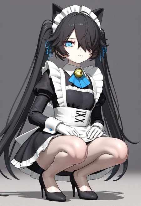 (3D),(((MMD))),(Maid-kasli), solo, white gloves, dress, hair over one eye, maid apron, blue eyes, twintails, cat ears, maid headdress, maid, gloves, 1girl, apron, juliet sleeves, long sleeves, long hair, black hair, animal ears, bell,(Fall down),(squatting down, heels touching each other, legs fully extended outward)