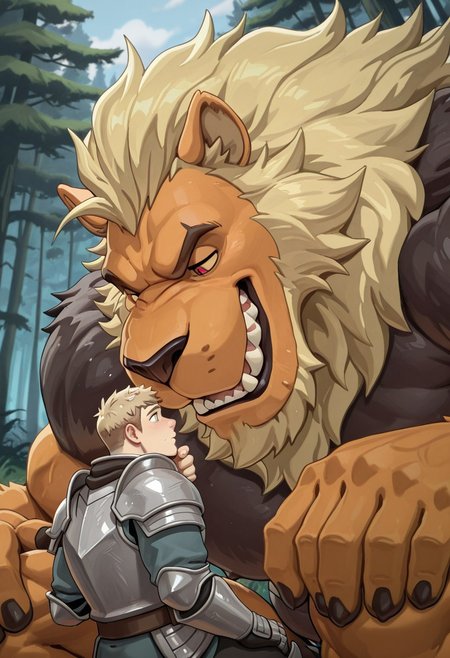 masterpiece, best quality, amazing quality, BKing, human x furry, human and furry, furry with non-furry, interspecies, size difference, different body types, one human, one furry, bara, furry male, duo, 5 fingers, (armored, armor), red eyes, (sharp teeth), face close up, face, side  view, huge muscular lion, forest, size diference, hand on chin
BREAK 
Bking, blonde mane, orange skin, red eyes, 
BREAK, 
human, laios, slender human, small human, on knees in the forest