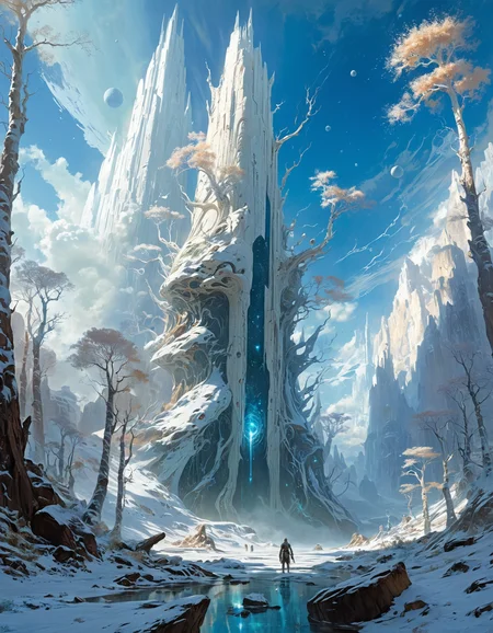 hyper realistic and highly detailed photo of an otherworldly landscape,pale, colorless, white, bleached, faded, ashen, epic scale, colossal magnitude, beautiful, by Stephan Martiniere and by Donato Giancola,  excellent composition, finest details, highest aesthetics, strong muted Birch and King Blue  hue, mystical glowing