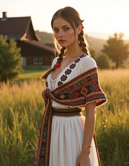 analog photography, shot by Kodak Duaflex II, ultra detailed, ultra quality, cinematic,  a mesmerizing woman with brown hair woven into an elegant braid, adorned with bright red ribbons, standing in a lush meadow. She wears a traditional Romanian blouse (ie) with intricate black and red embroidery, symbolizing fertility and protection. Her flowing white skirt features delicate floral lace along the hem, and a wide, beaded belt accentuates her waist. Over her shoulders, she drapes a vibrantly woven wool shawl with geometric patterns. Her gaze is soft and mysterious, her Slavic cheekbones illuminated by the golden sunset as she stands near a quaint wooden village.  <lora:Janacovaxhres-grm80vx:1>