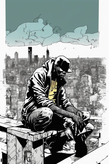 Jim Mahfood Style - black graffiti thug characters kneeling down skyline sketch background bio tats cru style on white background al williamson Color Field Painting GTA Cartoon Marvel Comics 5