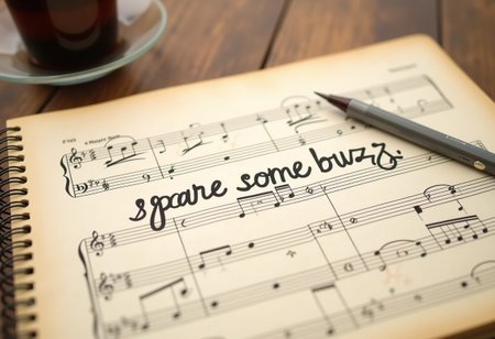 A music sheet, that has some notes written in it. On the center of the sheet there is hand written "spare some buzz" written in beautiful handwritten style with a stylo. There is some coffee in the background