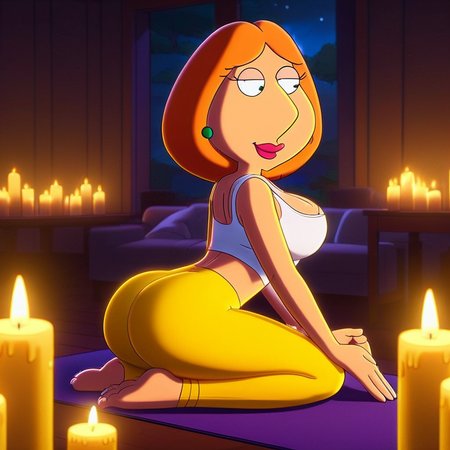 (Lois griffin 1girl, solo, makeup, large breasts, orange hair, cleavage, beautiful eyes), yellow yoga pants, candlelight, candle, fire, ass
(masterpiece, highest quality, 4k, perfect anatomy:1.4) 
  <lora:Lois griffin 5.0:0.8>