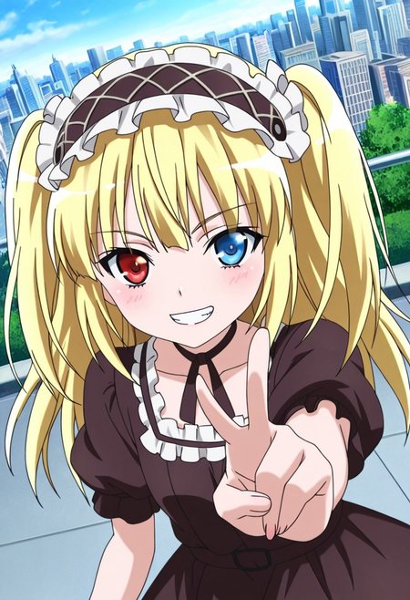 general,highres, ultra-detailed,very aesthetic,best quality ,best hands,best eyes,easynegative,
dynamic anglre, dutch angle, anime cloring,anime screencap,
1girl solo,looking at viewer,outdoors,city,smile,teeth, v sign, 
Kobato HASEGAWA,blonde_hair, long_hair,twintails, heterochromia, red eye,blue eye, small breasts, short body, petite,headdress, black frills dress,