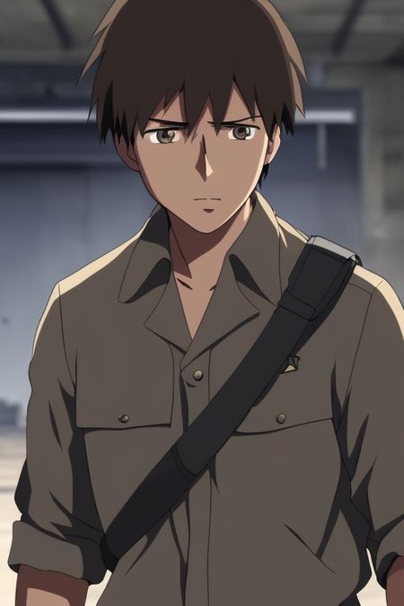 high resolution, solo, best quality, 1Boy, Takaki Toono, Brownish Hair, Brown Eyes, military, action, OverallDetail