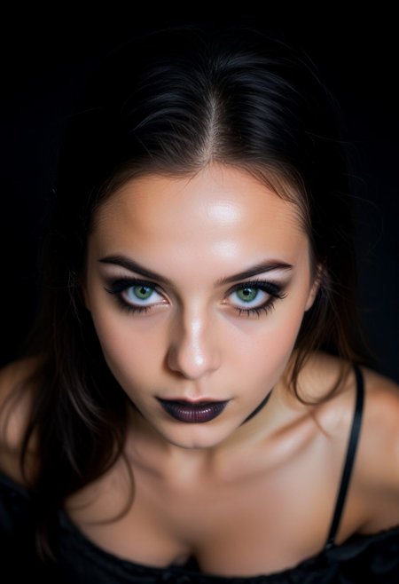 score_9, score_8_up, score_7_up, score_6_up, realistic, photo, 
24yo, large detailed eyes, green eyes, beautiful eyes, beautiful face, black lips, long colored hair, makeup, eyeliner, mascara,
BREAK,
looking at viewer, from above,
gothic, 
BREAK,
dramatic lighting, dark background,