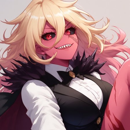 score_9, score_8_up, score_8, BREAK source_anime, 1girl, pink skin, cape, guardian tales, large breasts, scar on leg, colored skin, red skin, scar, blonde hair, gloves, hair between eyes, red eyes, solo, psycho smile, portrait, black sclera, solo, sharp teeth, tuxedo vest, white shirt, black tie, dutch angle